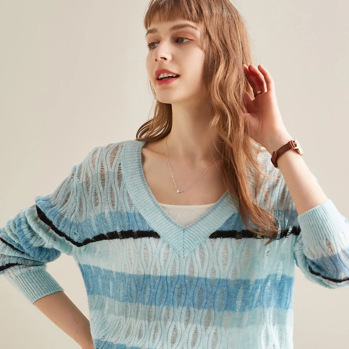 100% Cashmere Vibrant Striped V-Neck Knit Sweater