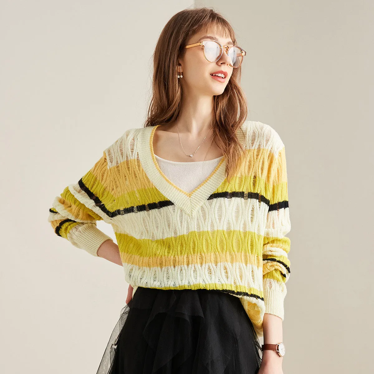 100% Cashmere Vibrant Striped V-Neck Knit Sweater