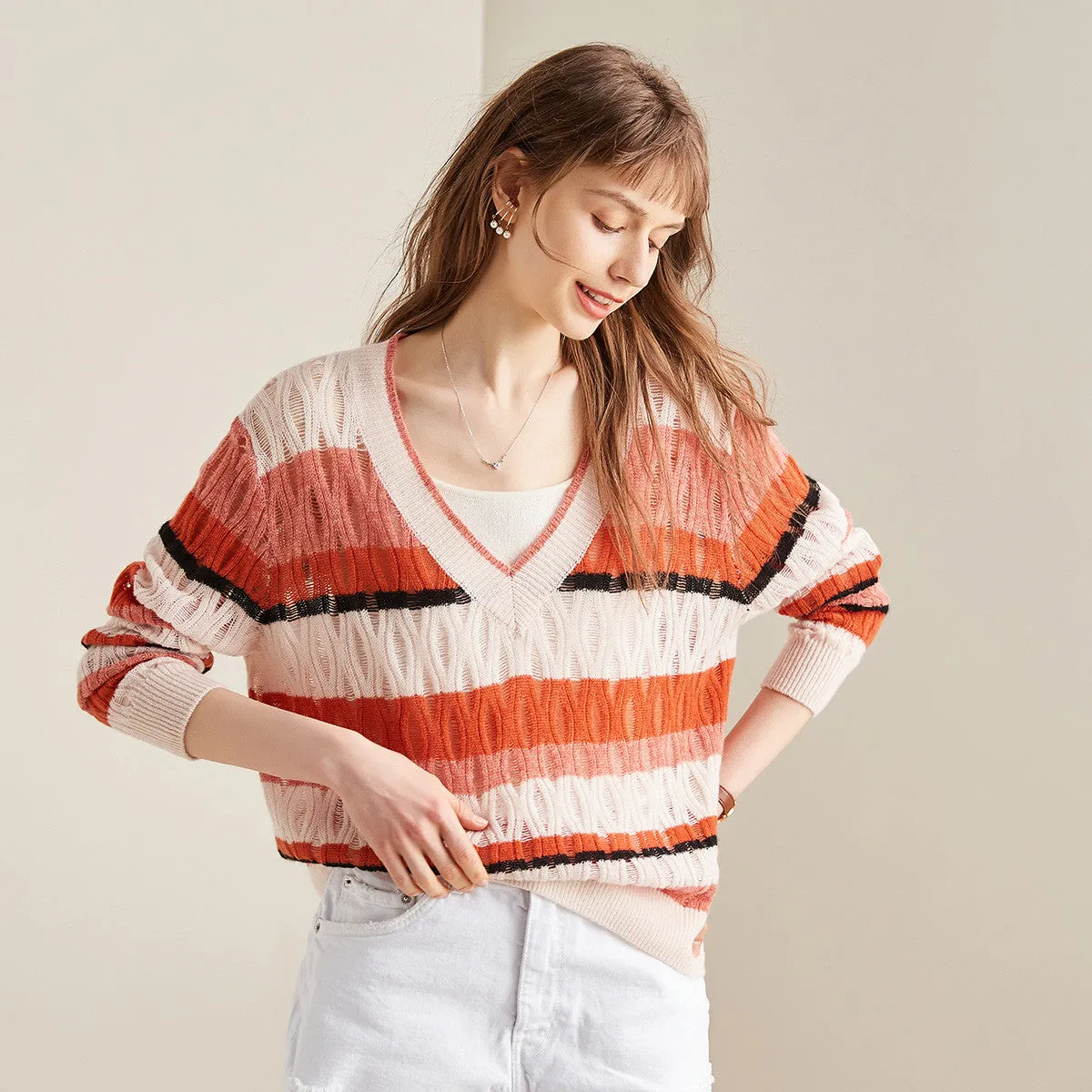 100% Cashmere Vibrant Striped V-Neck Knit Sweater