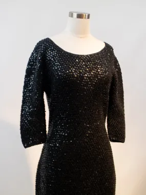 1960s Black Knit Sequin Wiggle Cocktail Dress