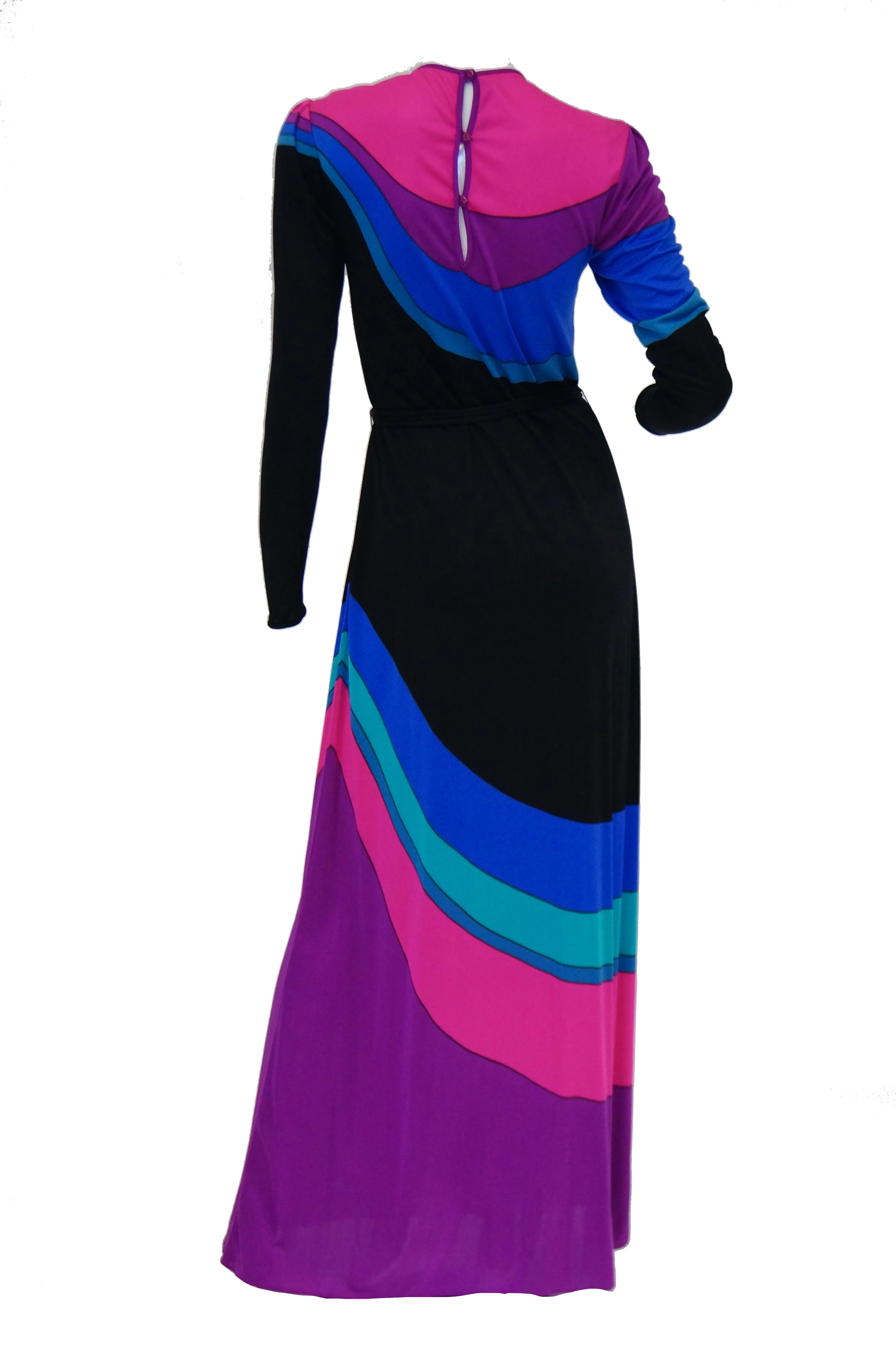 1970s Louis Feraud Vibrant Graphic Pink Blue and Black Swirl Knit Maxi Dress