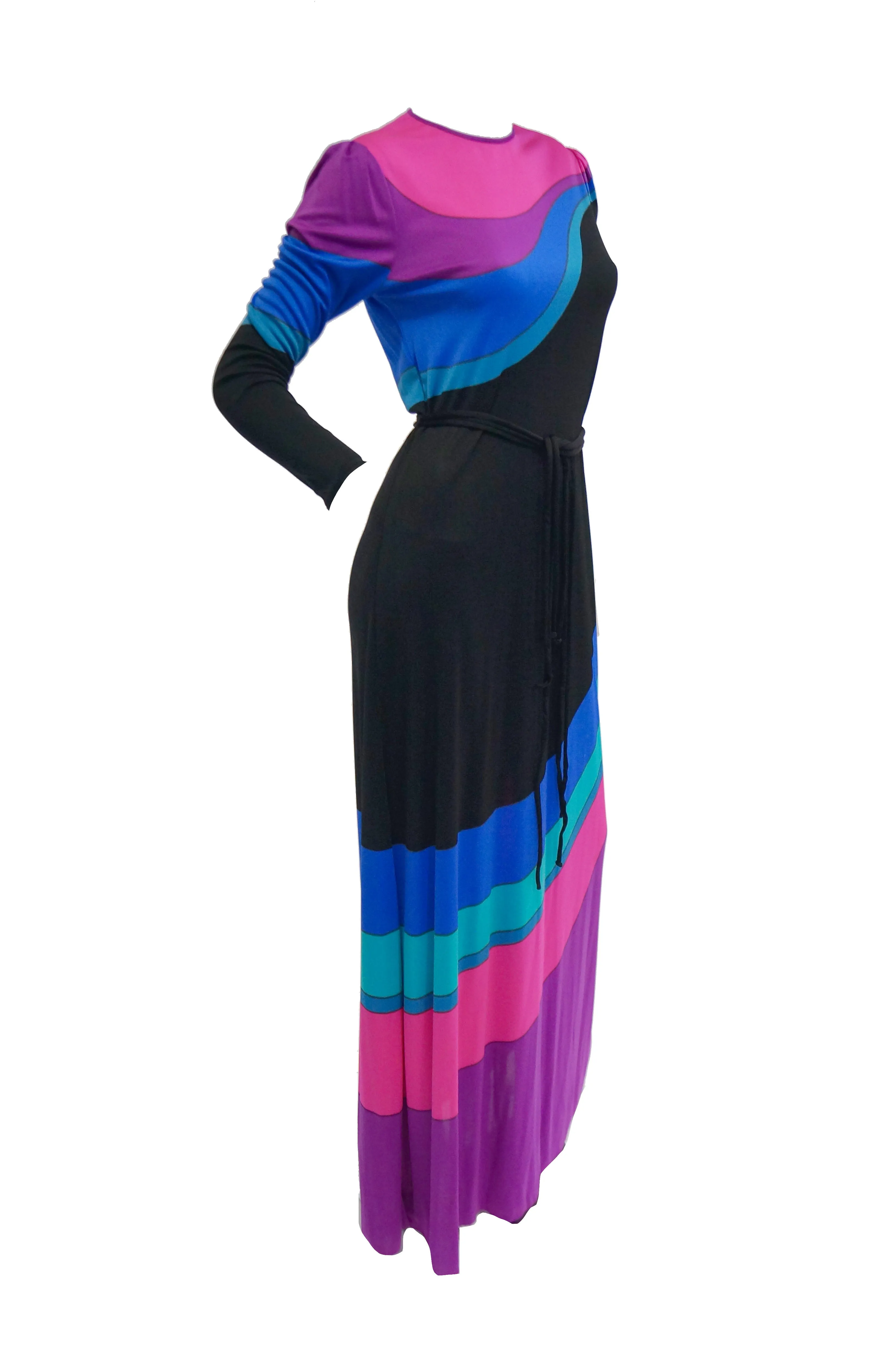 1970s Louis Feraud Vibrant Graphic Pink Blue and Black Swirl Knit Maxi Dress