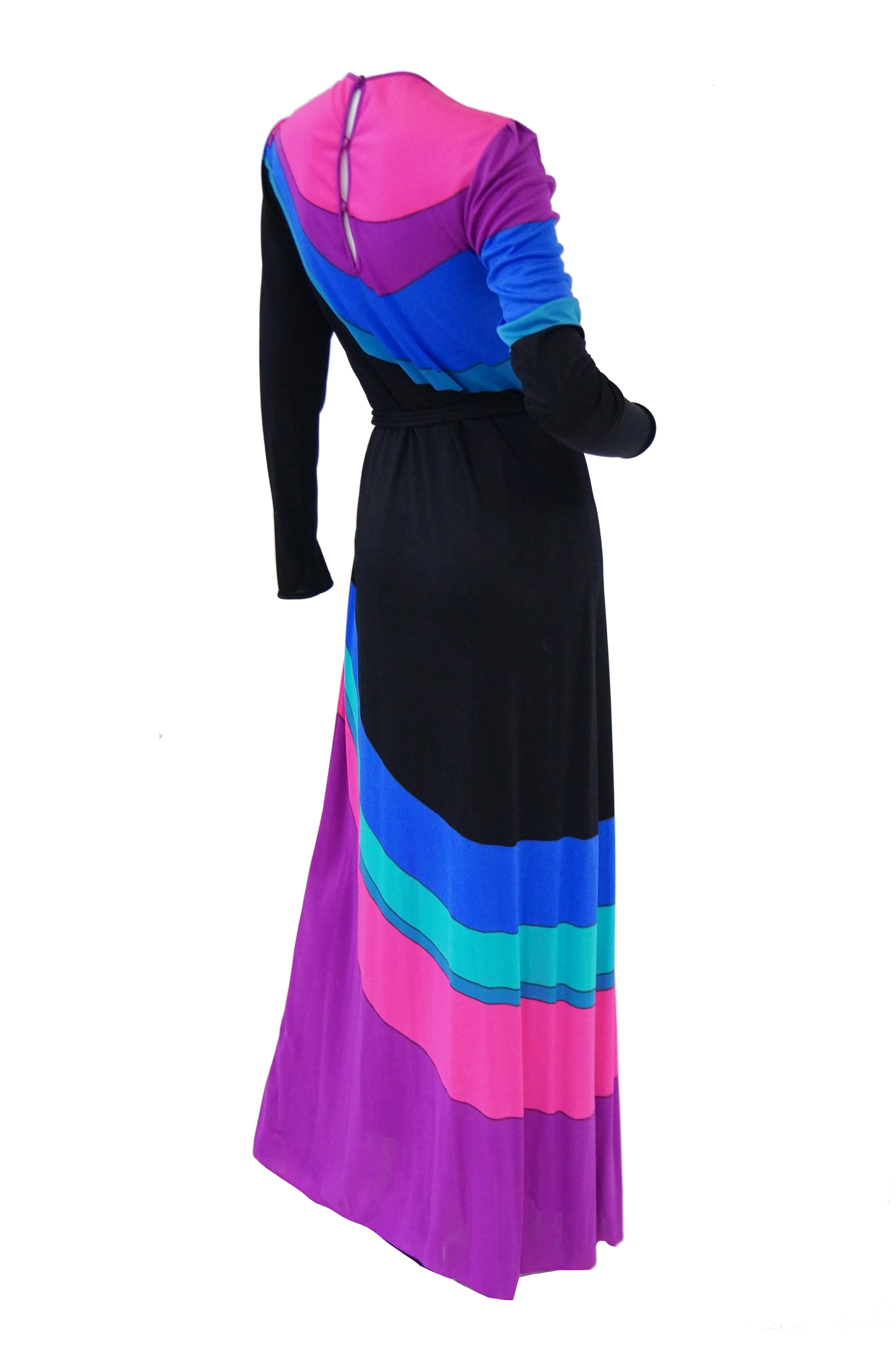 1970s Louis Feraud Vibrant Graphic Pink Blue and Black Swirl Knit Maxi Dress