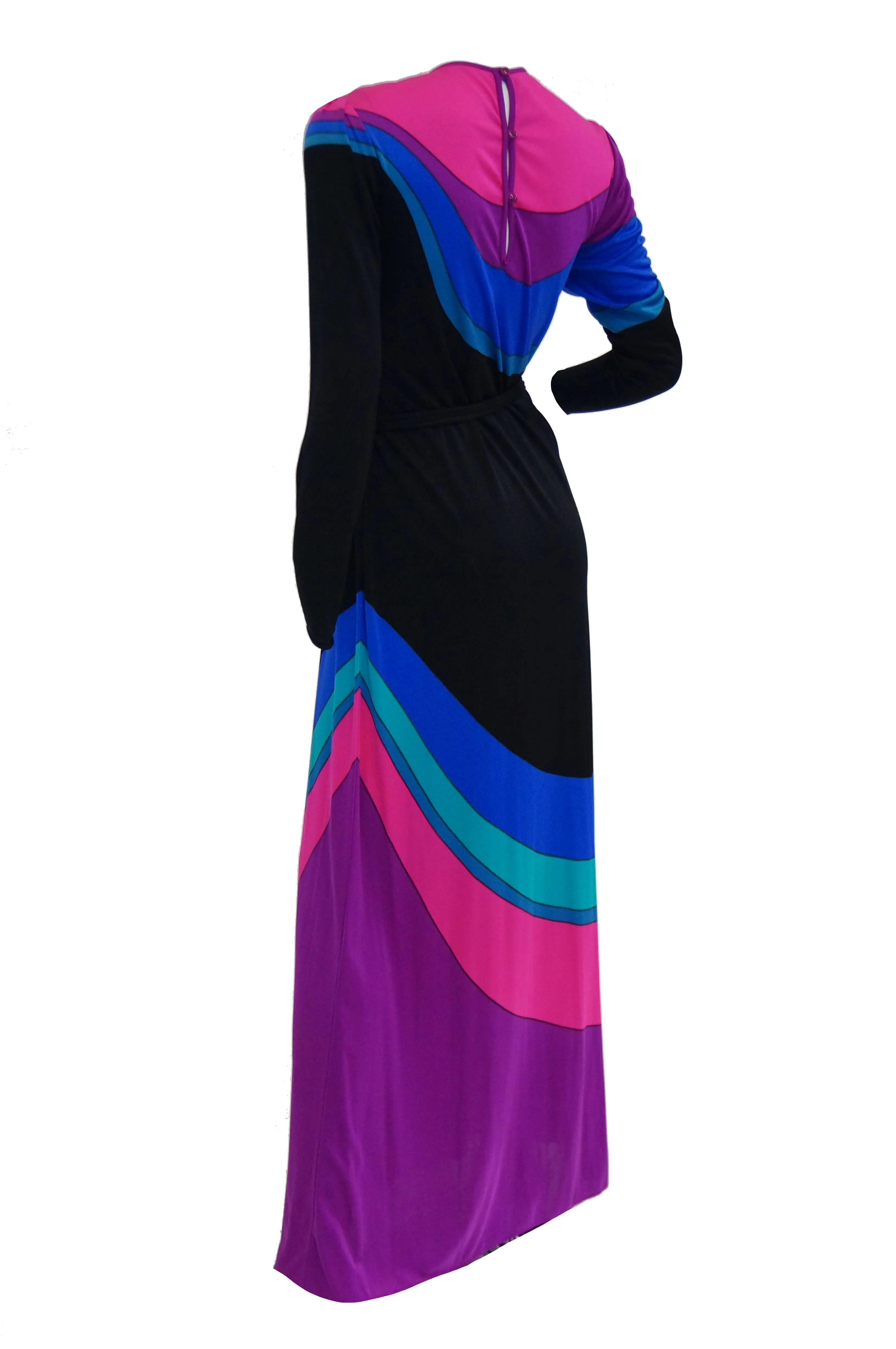 1970s Louis Feraud Vibrant Graphic Pink Blue and Black Swirl Knit Maxi Dress