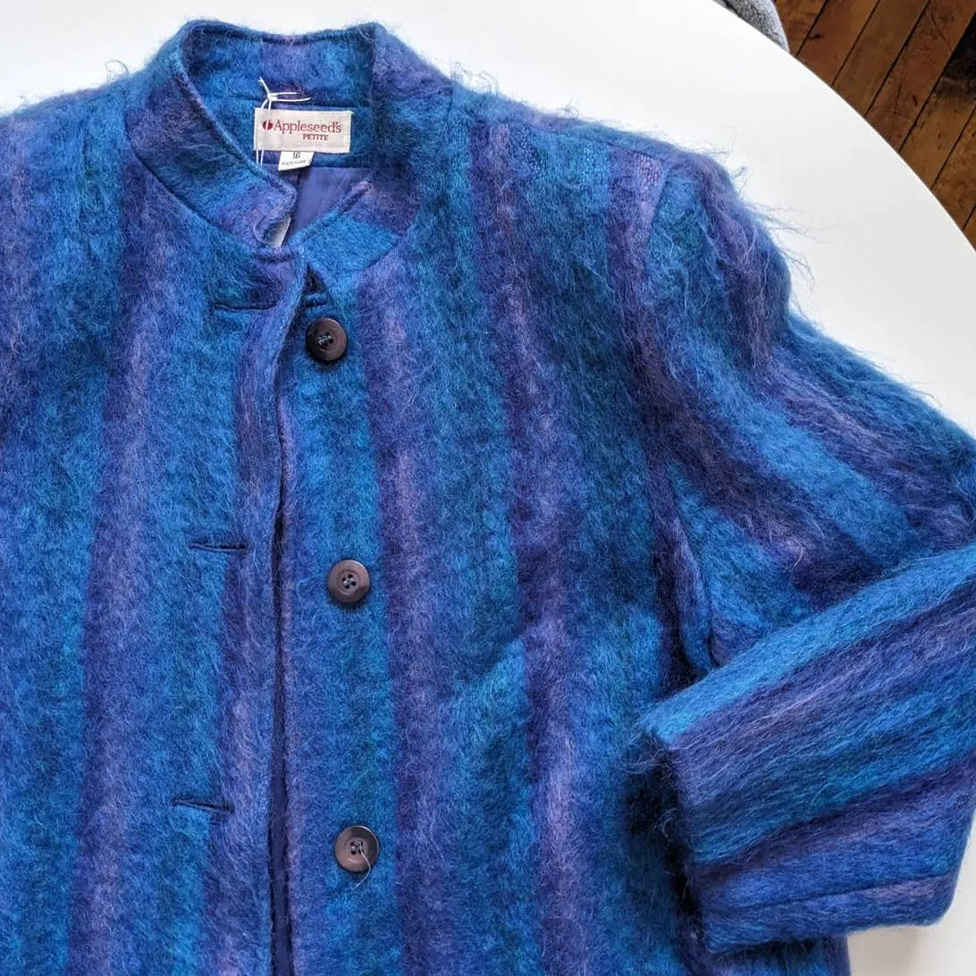 90s Vintage Blue Striped Mohair Wool Trench Coat Funky Shaggy Fuzzy Furry Jacket