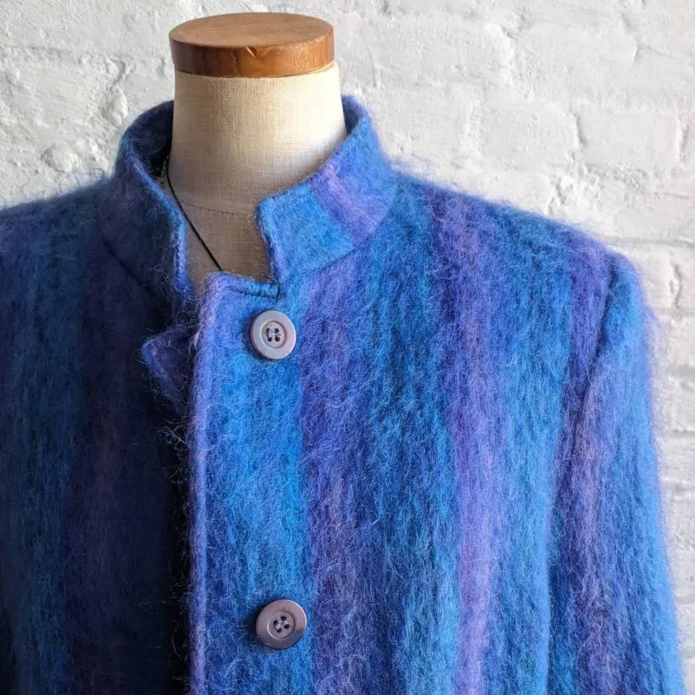 90s Vintage Blue Striped Mohair Wool Trench Coat Funky Shaggy Fuzzy Furry Jacket