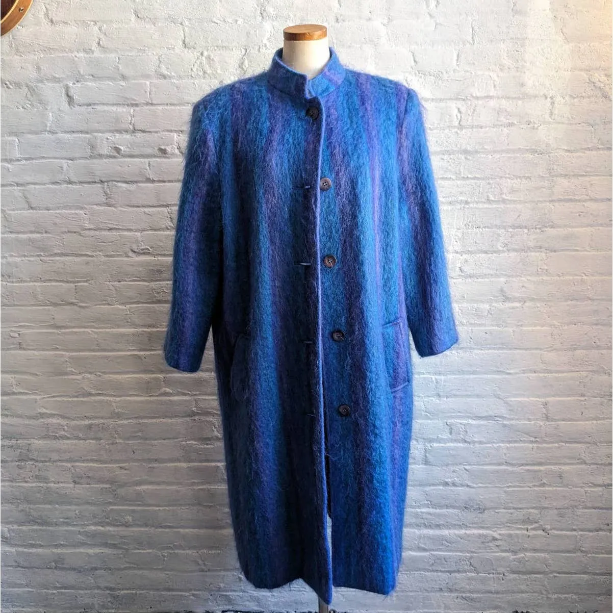 90s Vintage Blue Striped Mohair Wool Trench Coat Funky Shaggy Fuzzy Furry Jacket