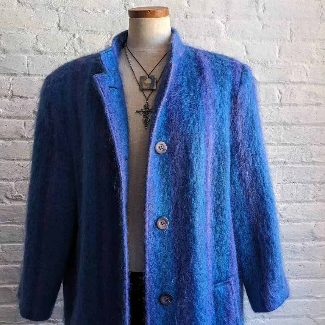 90s Vintage Blue Striped Mohair Wool Trench Coat Funky Shaggy Fuzzy Furry Jacket