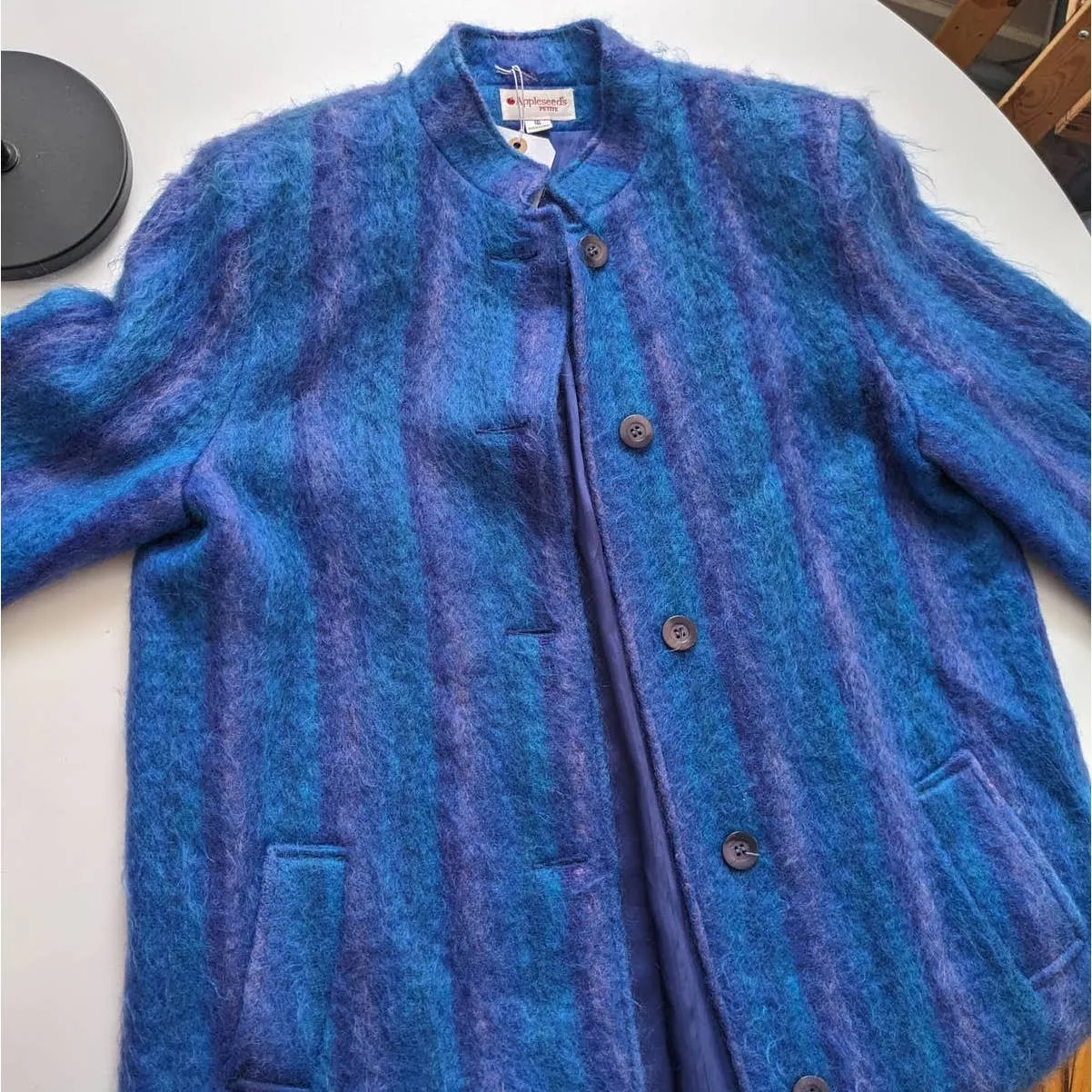 90s Vintage Blue Striped Mohair Wool Trench Coat Funky Shaggy Fuzzy Furry Jacket