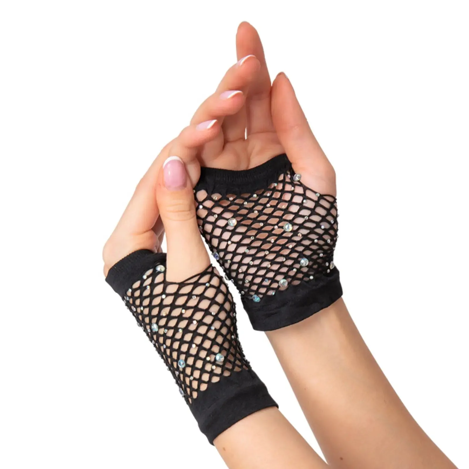 Adults 80s Fingerless Net Gloves With Diamantes Fancy Dress