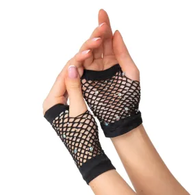 Adults 80s Fingerless Net Gloves With Diamantes Fancy Dress