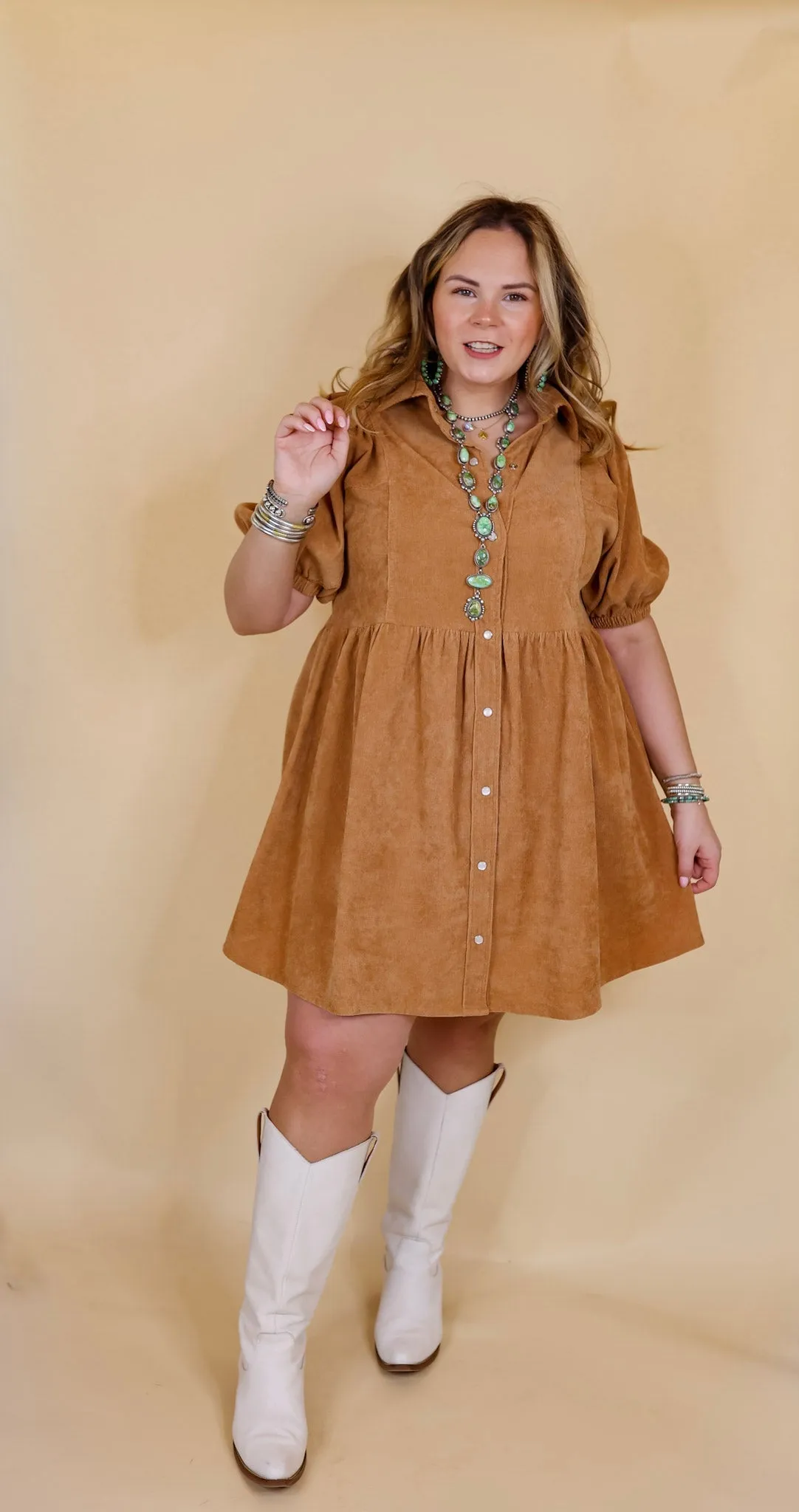 Adventures Ahead Button Up Corduroy Babydoll Dress in Camel Brown