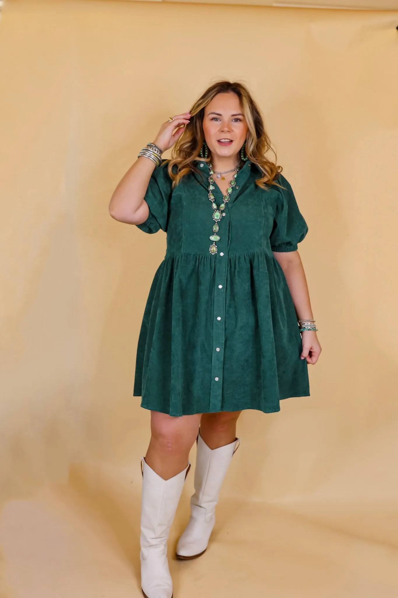 Adventures Ahead Button Up Corduroy Babydoll Dress in Dusty Teal