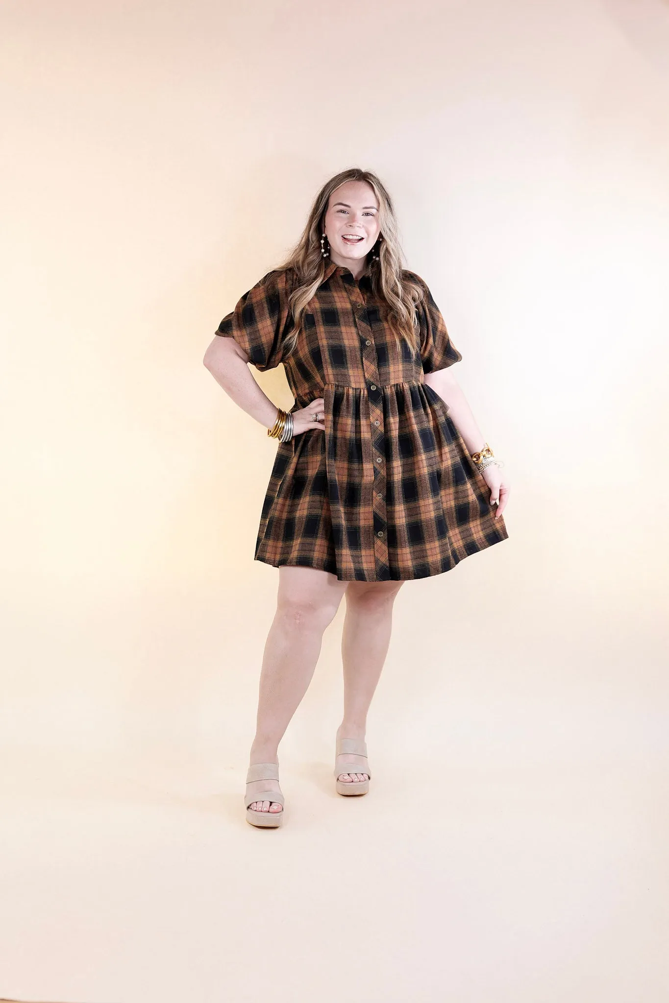 Adventures Ahead Plaid Button Up Babydoll Dress in Camel Brown