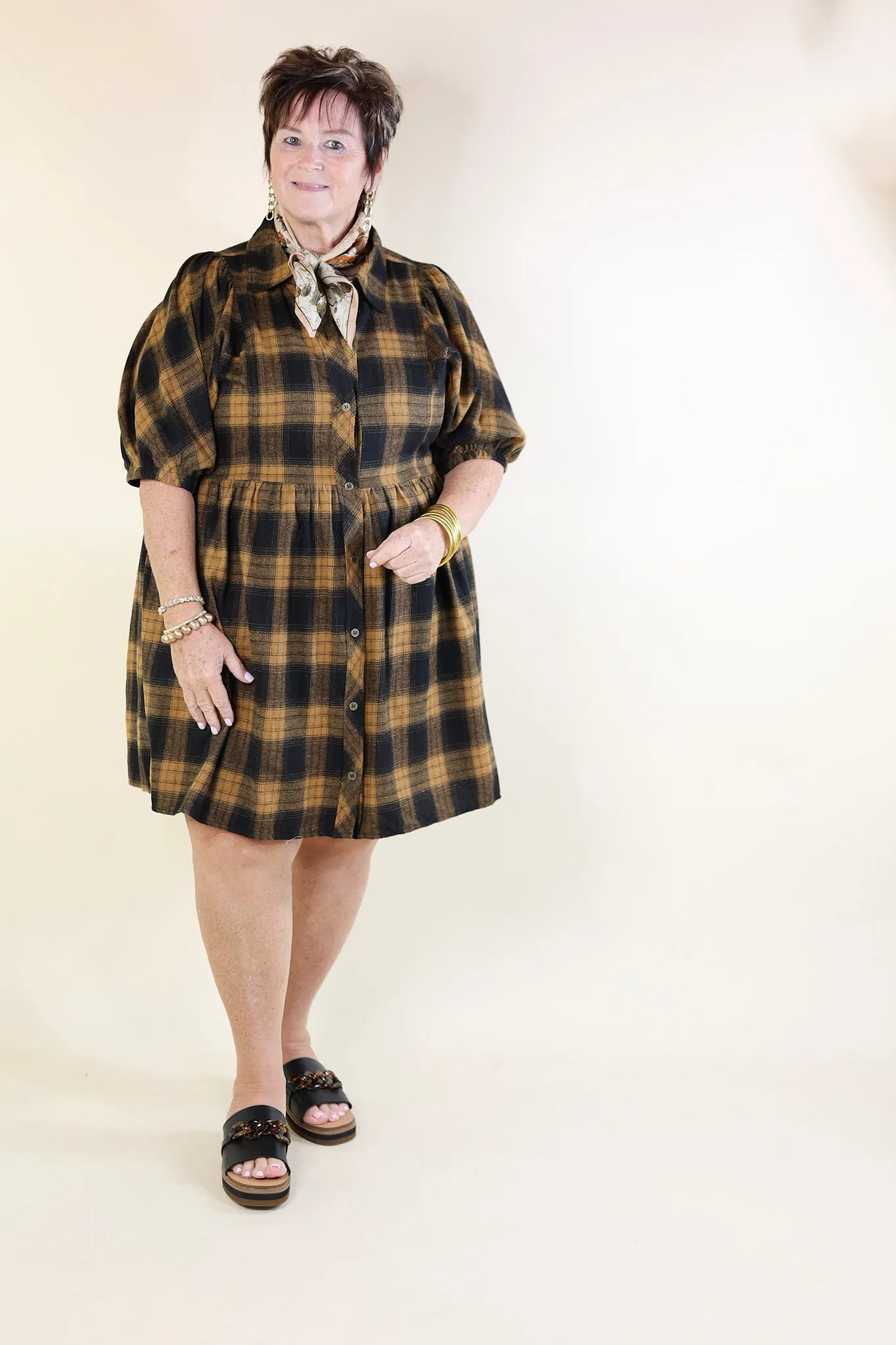 Adventures Ahead Plaid Button Up Babydoll Dress in Camel Brown