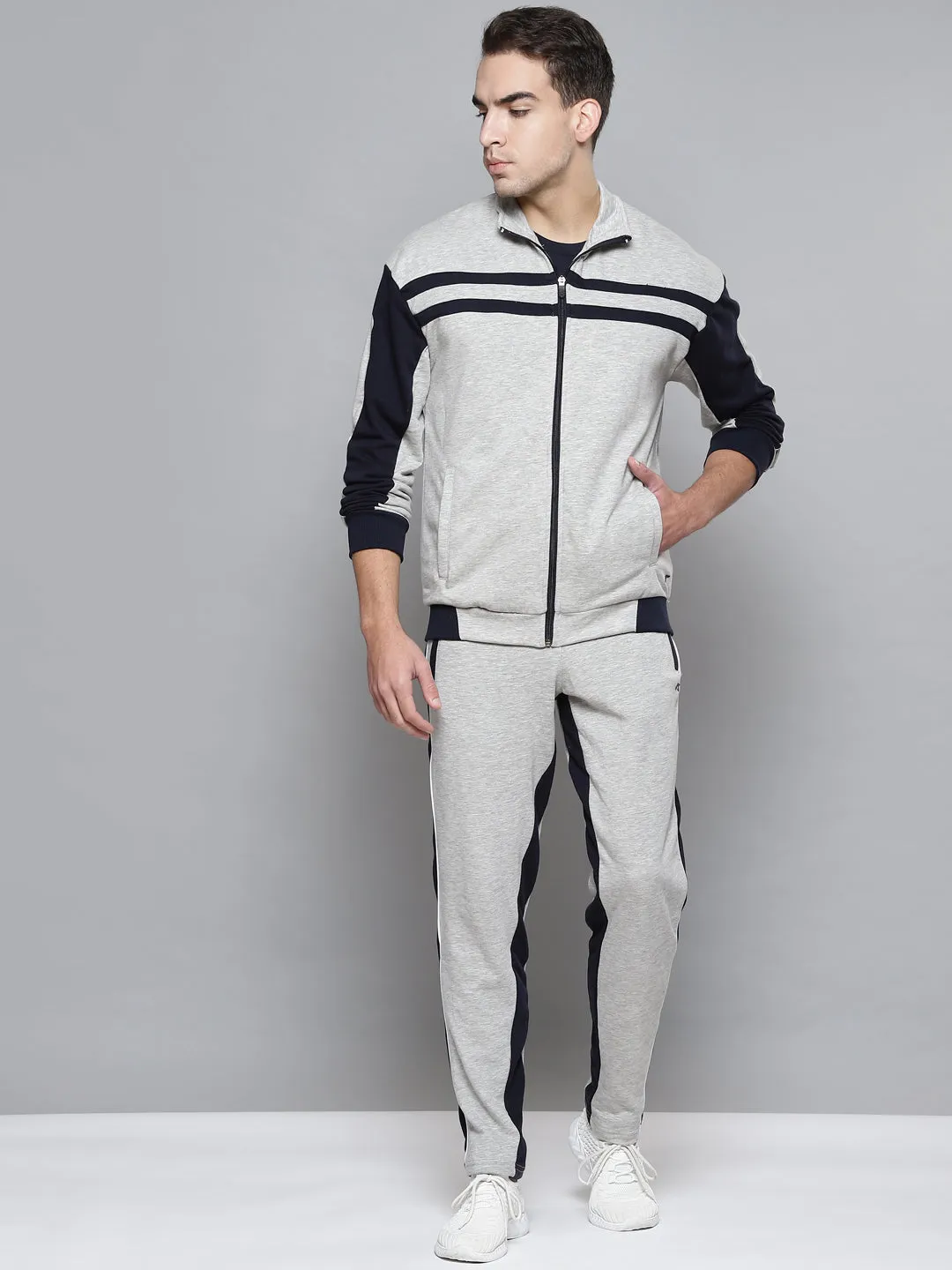 Alcis Men Grey Melange Navy Blue Colourblocked Solid Tracksuits