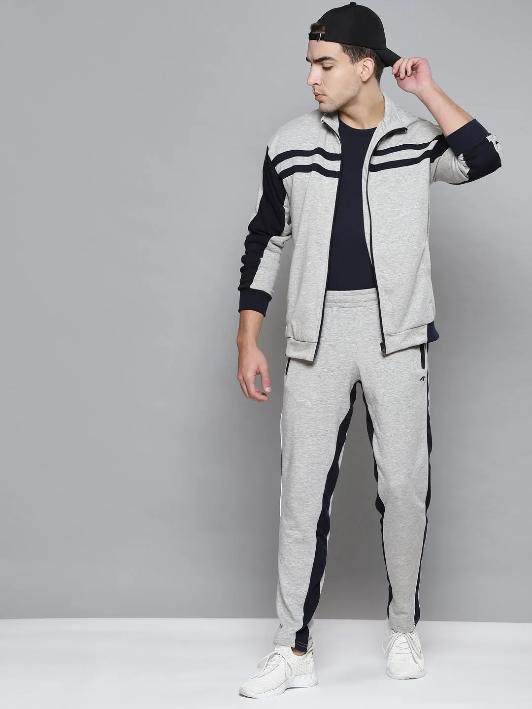 Alcis Men Grey Melange Navy Blue Colourblocked Solid Tracksuits