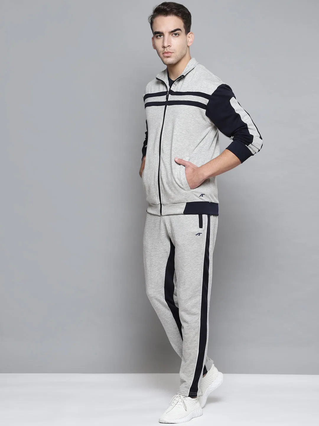 Alcis Men Grey Melange Navy Blue Colourblocked Solid Tracksuits