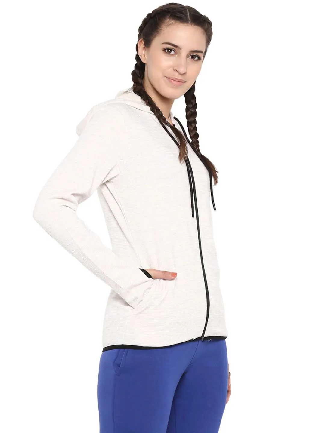 Alcis Women Cream-Coloured Ribbed Hooded Sporty Jacket