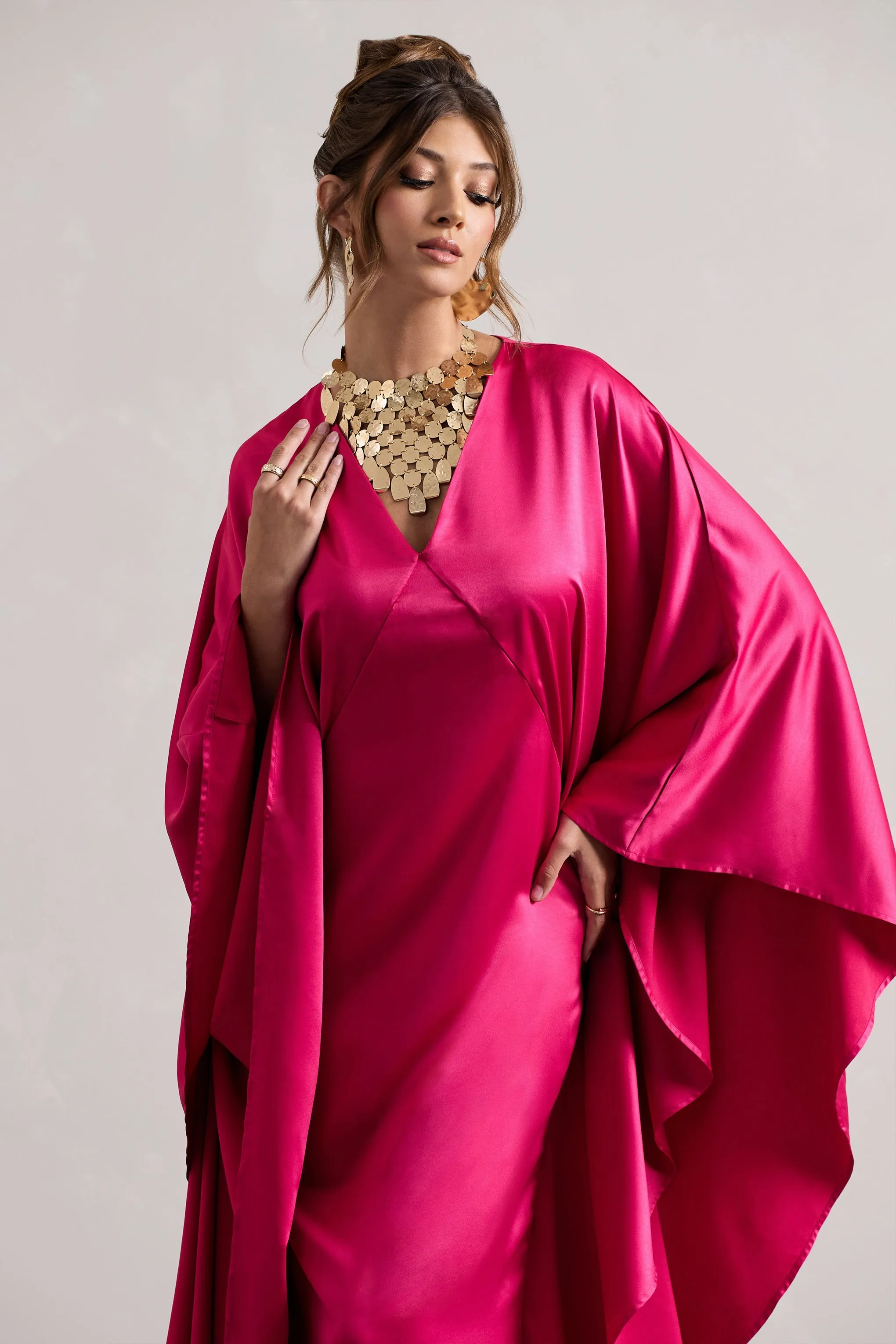 Alohi | Hot Pink Satin Plunge Cape Maxi Dress