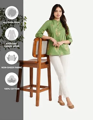 Amazon Brand - Myx Women's Cotton Regular Kurta (PAG 1_Green Floral_L)