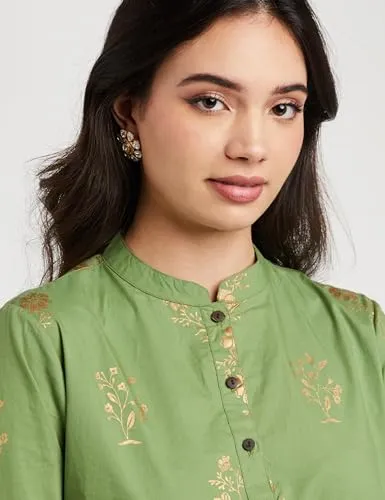 Amazon Brand - Myx Women's Cotton Regular Kurta (PAG 1_Green Floral_L)