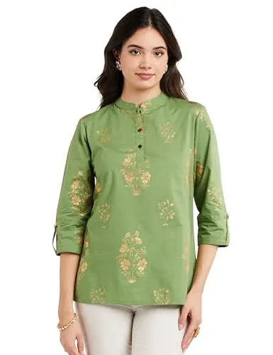 Amazon Brand - Myx Women's Cotton Regular Kurta (PAG 1_Green Floral_L)