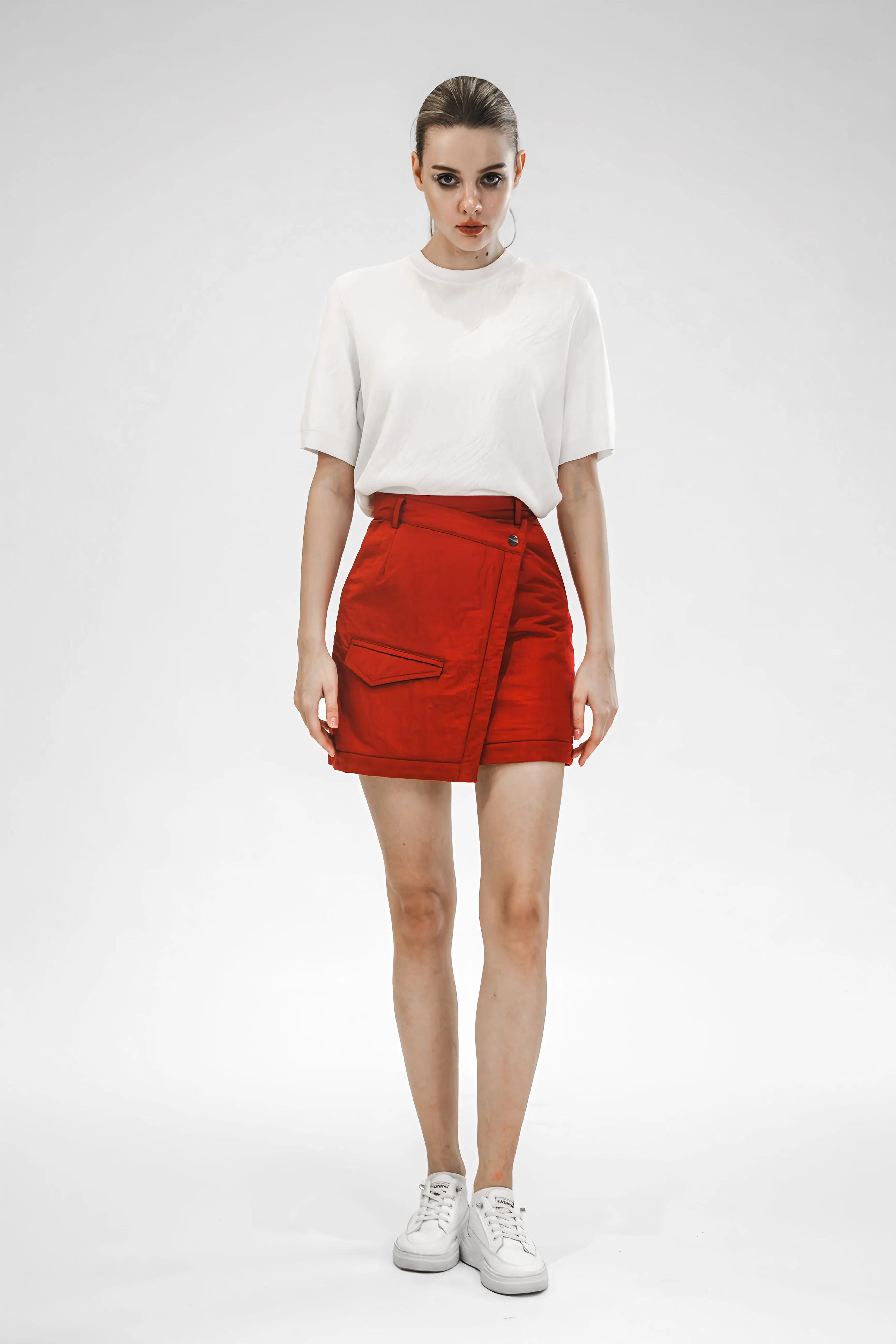 ANGORA RED/WHITE PUFFER MINI SKIRT WITH TRENCH COAT STYLE