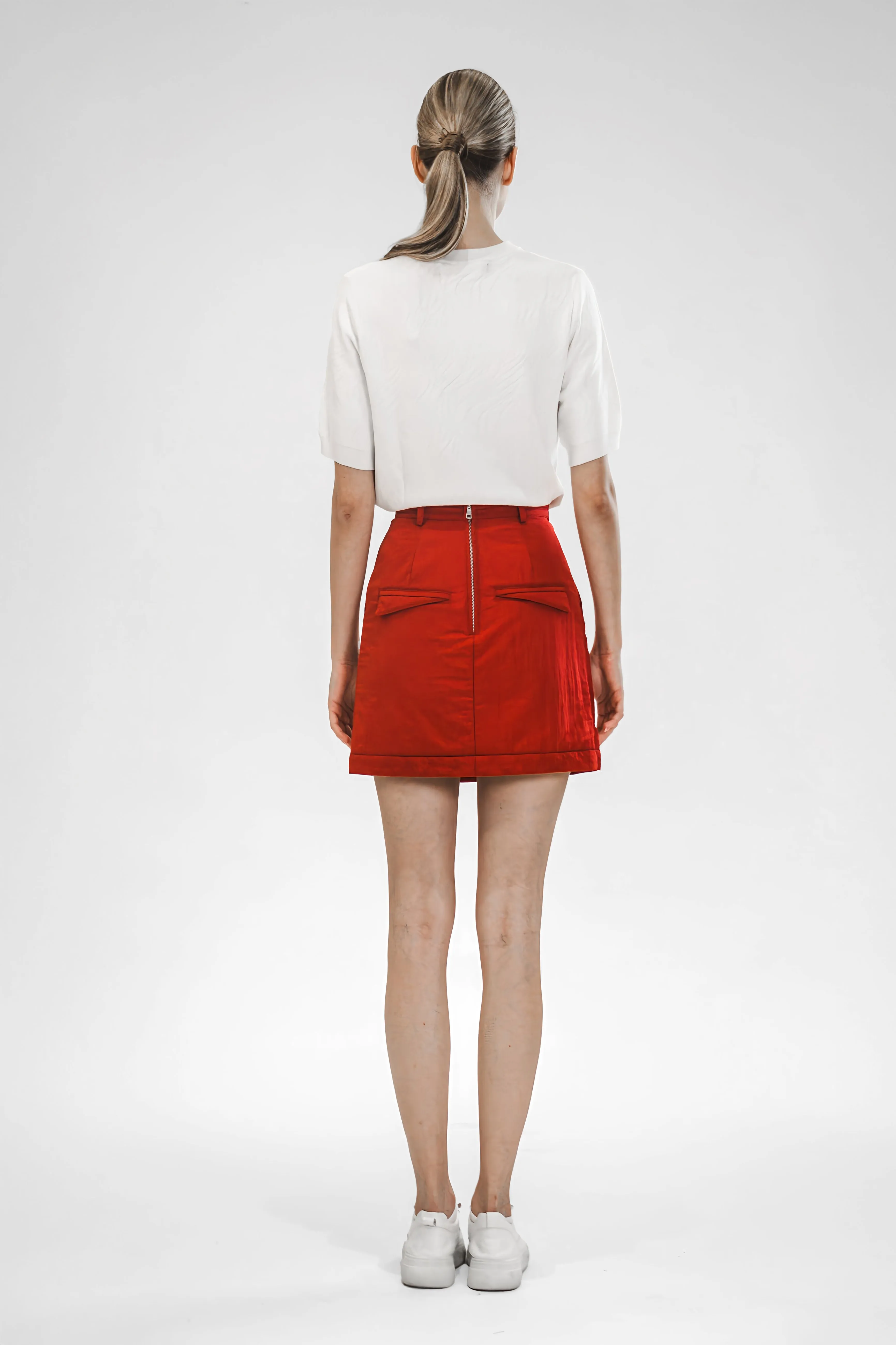 ANGORA RED/WHITE PUFFER MINI SKIRT WITH TRENCH COAT STYLE