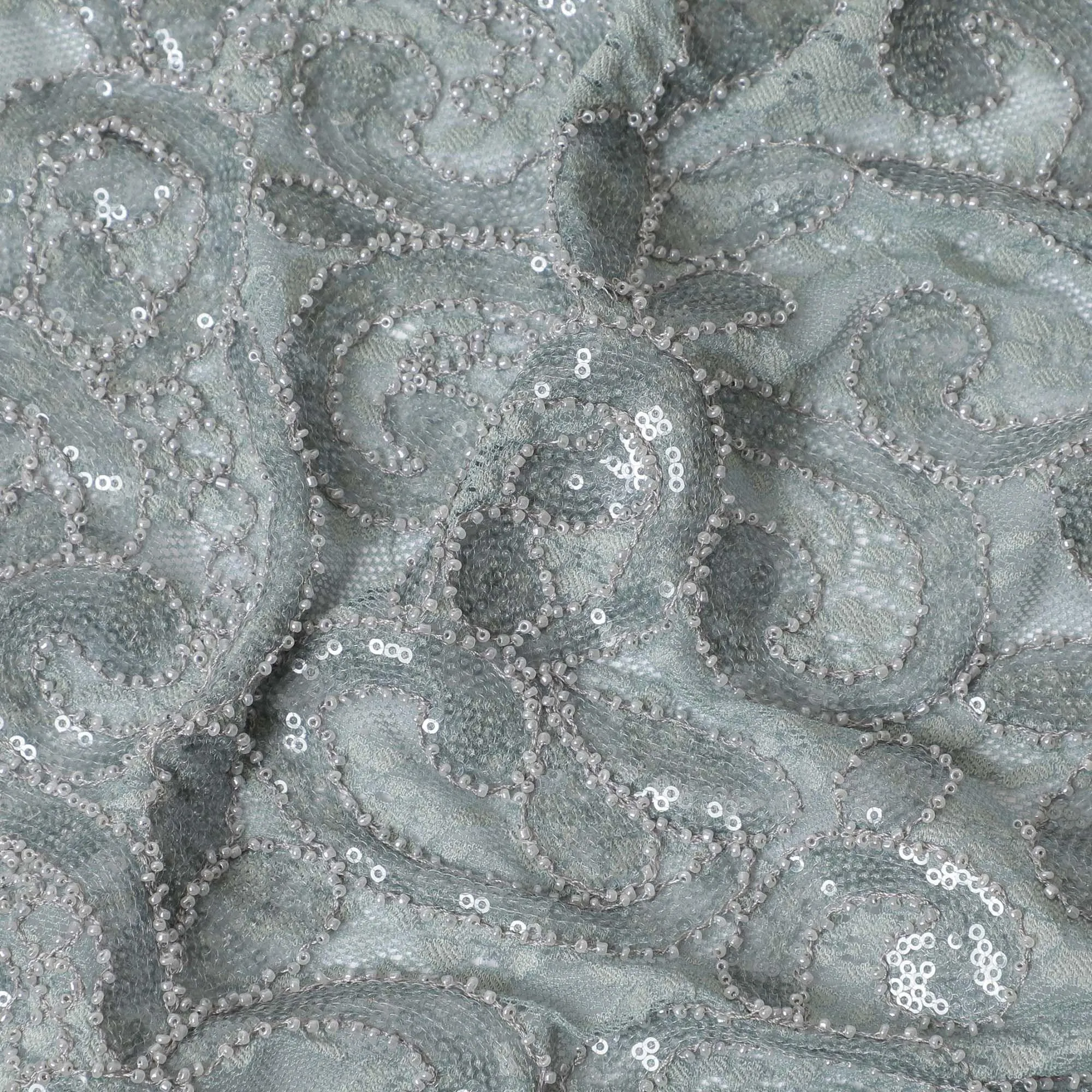 Artichoke green lace fabric with same tone, off white embroidery in fancy design-D11748