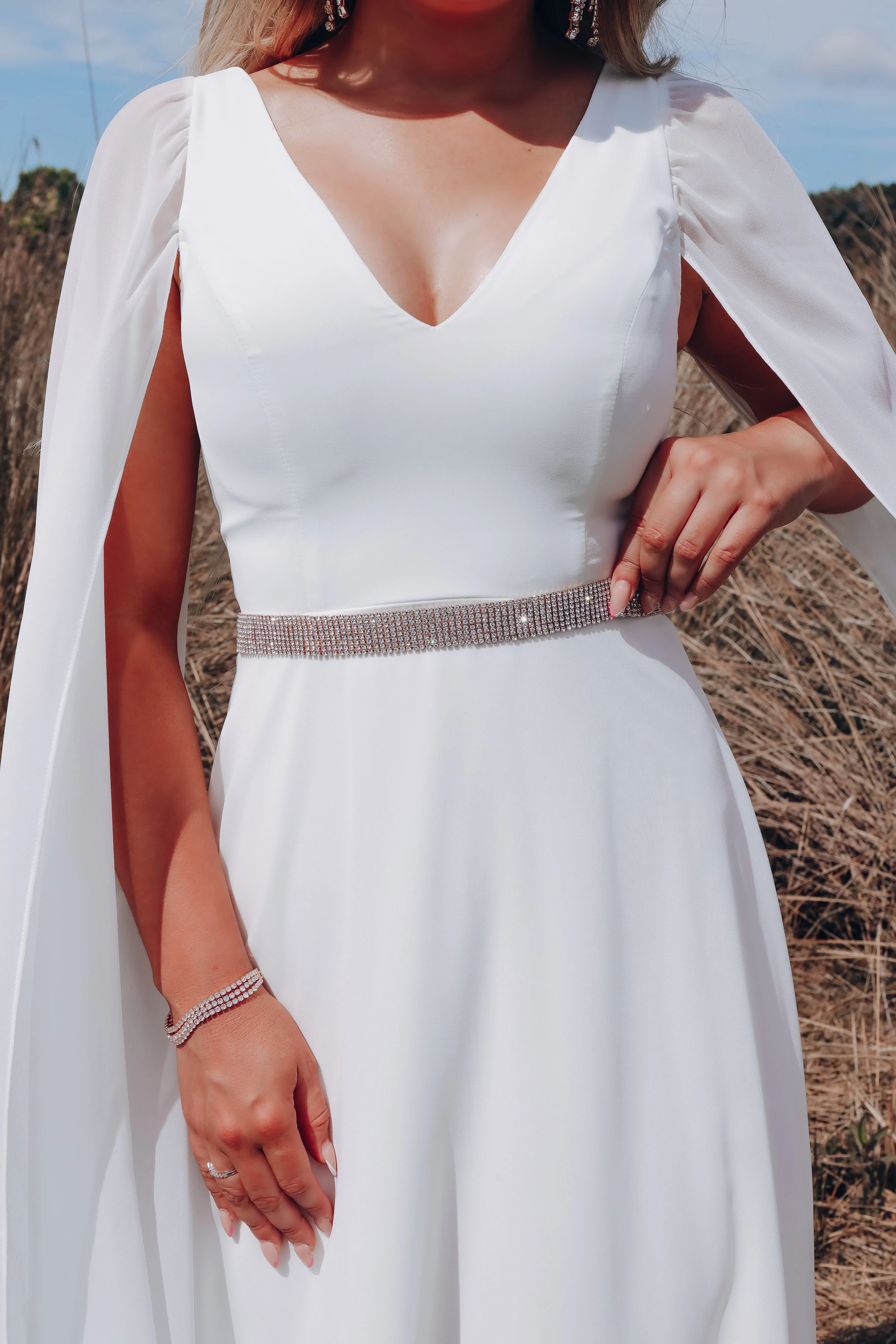 Athena Cape Sleeve Chiffon Gown - Ivory