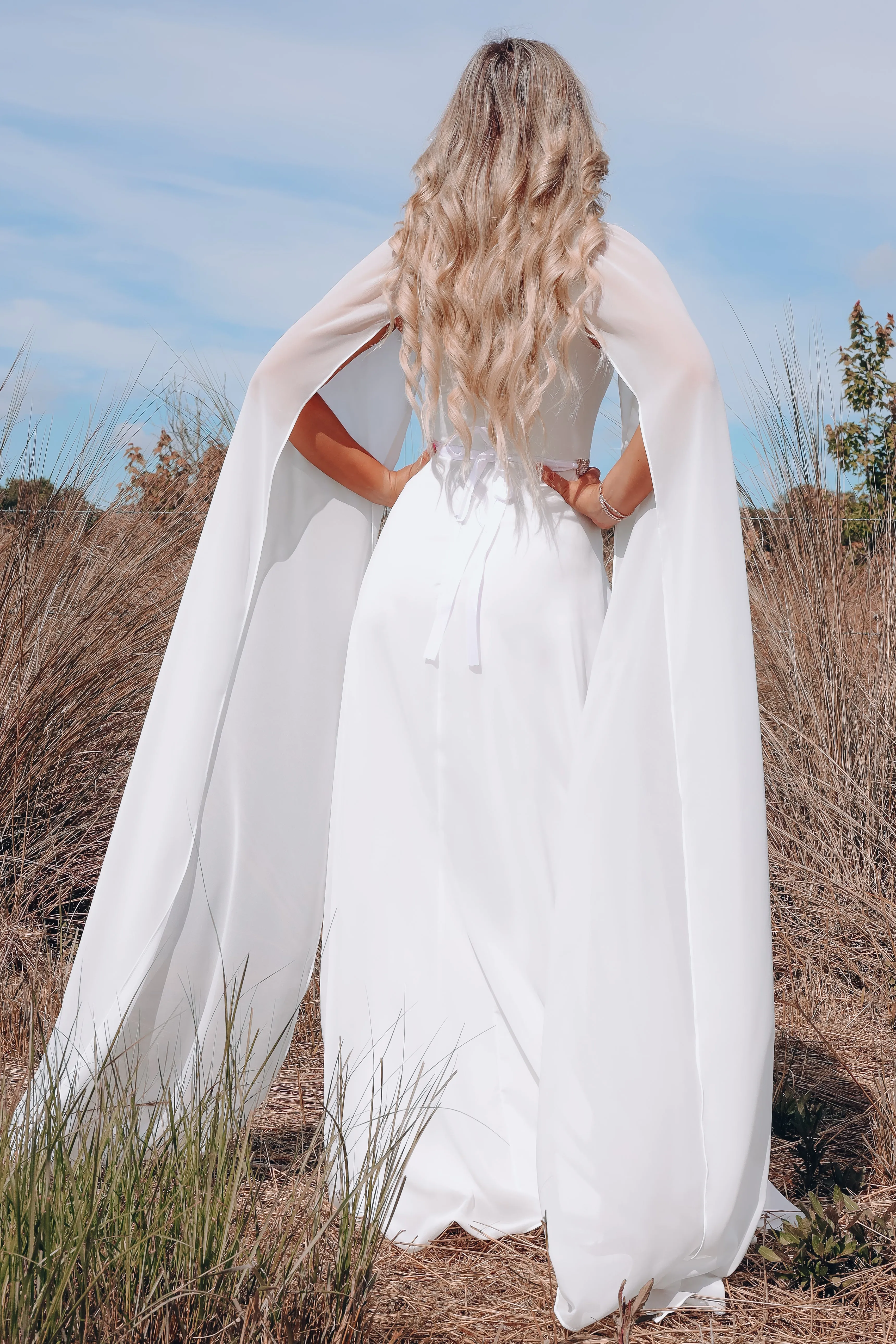 Athena Cape Sleeve Chiffon Gown - Ivory