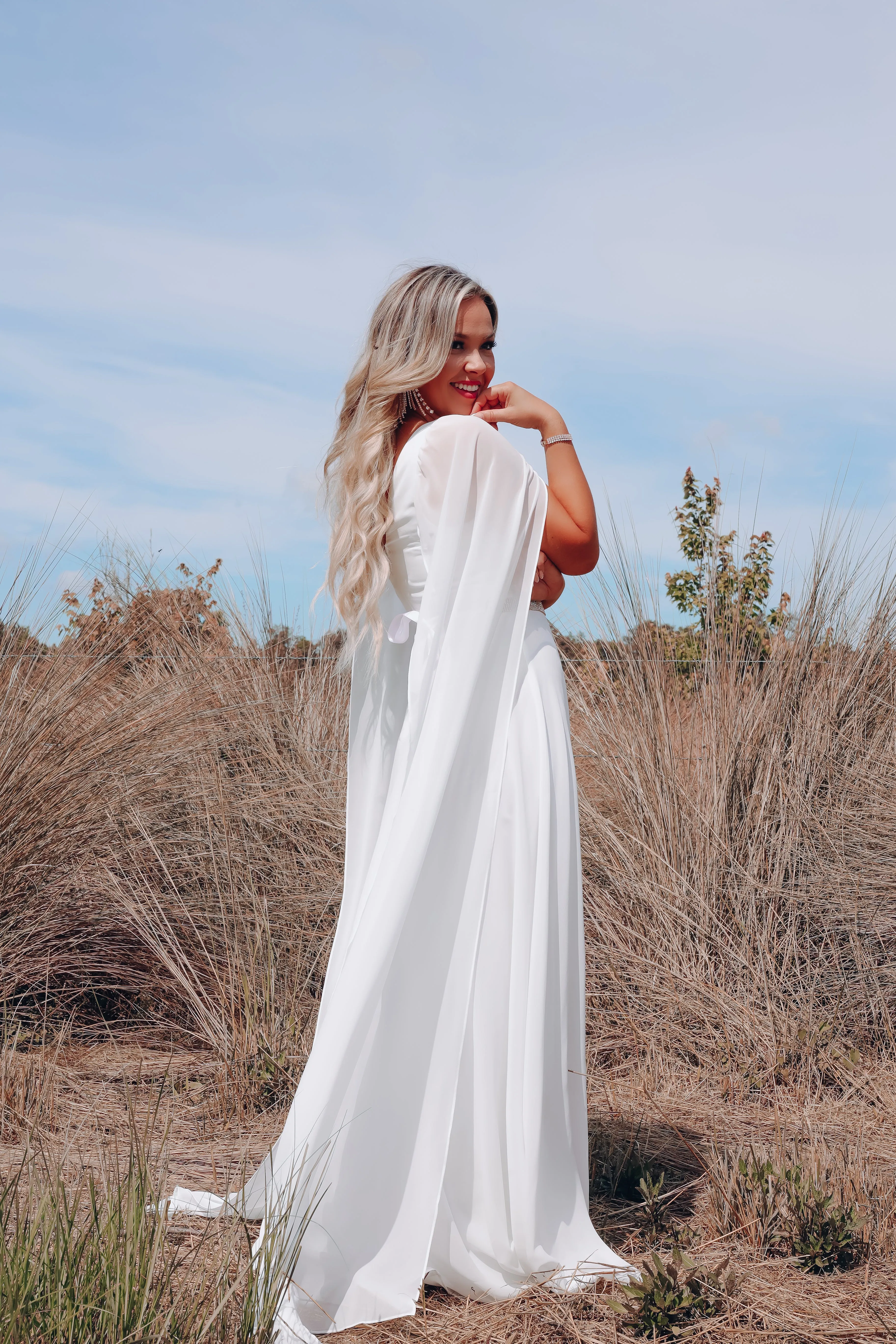 Athena Cape Sleeve Chiffon Gown - Ivory