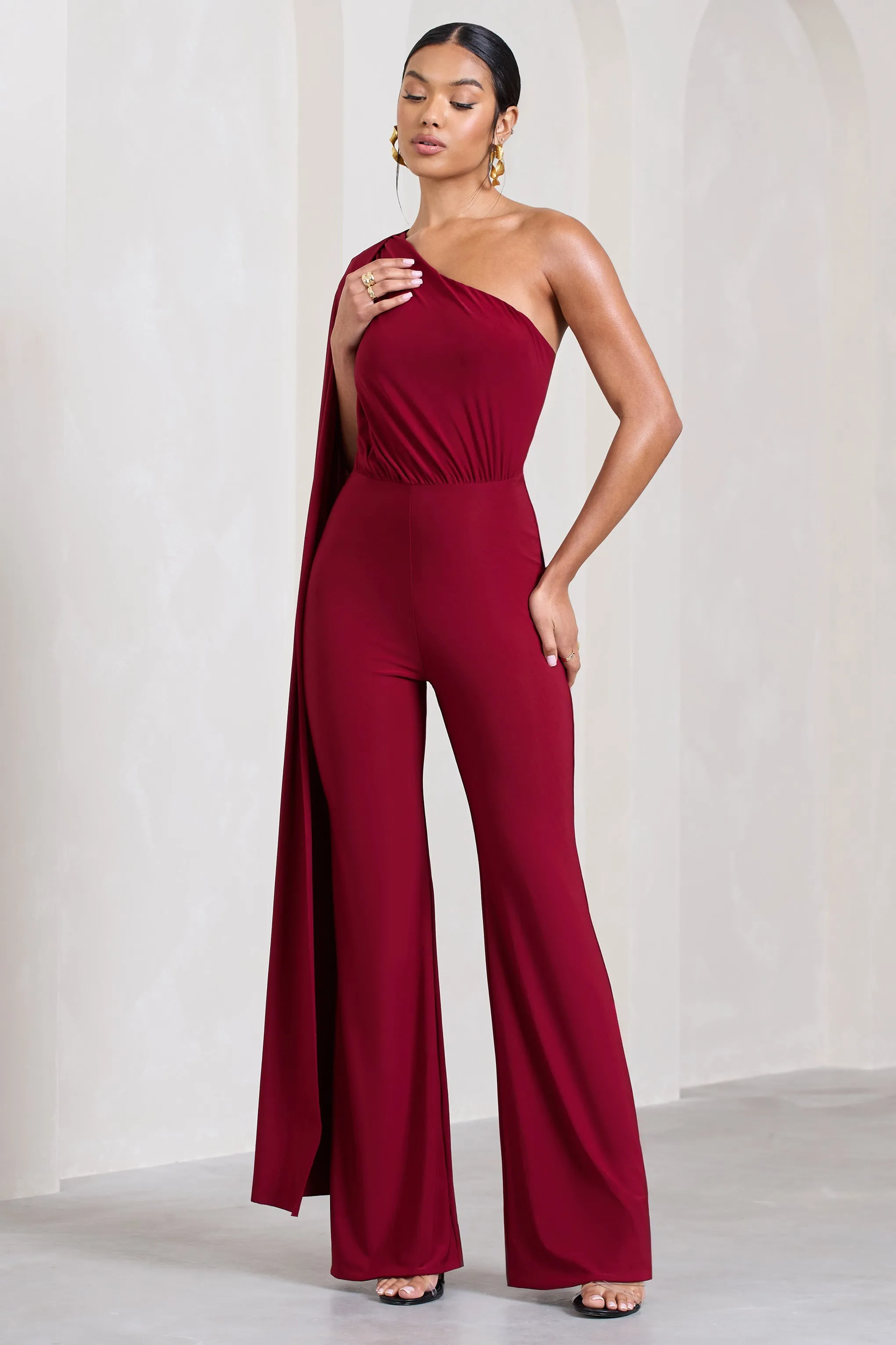 Aurora | Berry One Shoulder Cape Sleeve Jumpsuit