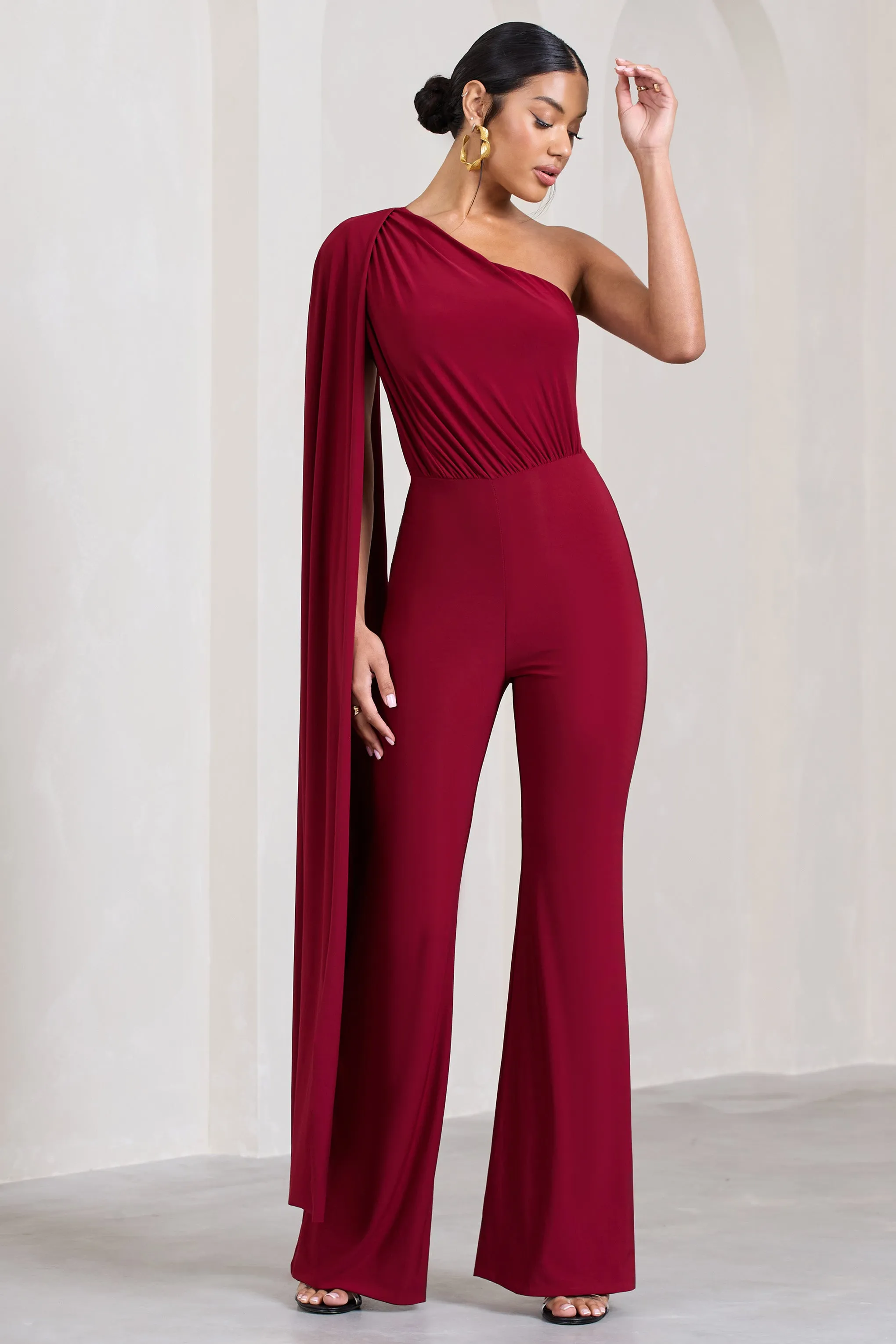 Aurora | Berry One Shoulder Cape Sleeve Jumpsuit