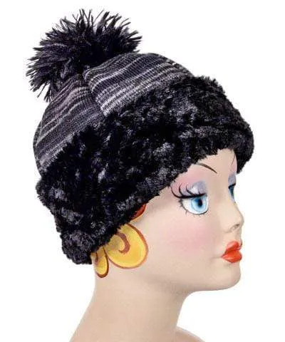 Beanie Hat, Reversible - Sweet Stripes in Blackberry Cobbler with Cuddly Black Faux Fur