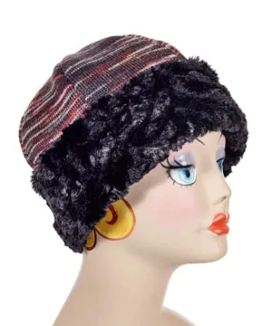 Beanie Hat, Reversible - Sweet Stripes in Cherry Cordial with  Cuddly Black Faux Fur