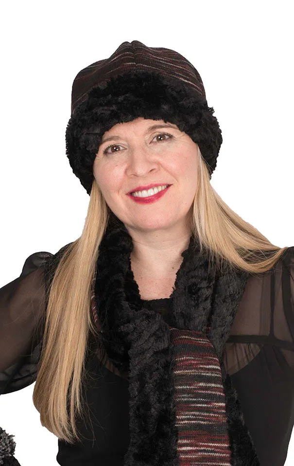 Beanie Hat, Reversible - Sweet Stripes in Cherry Cordial with  Cuddly Black Faux Fur