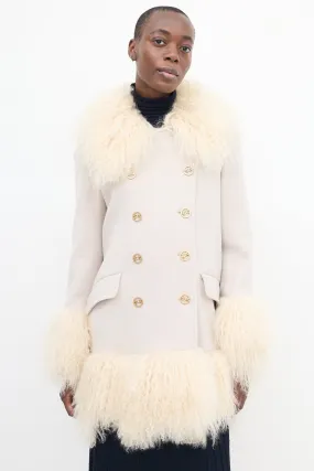 Beige Wool & Fur Trim Mid Length Coat