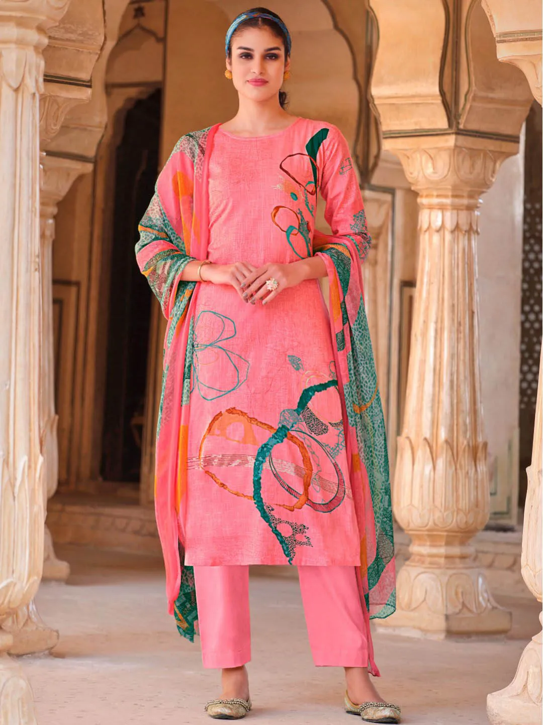 Belliza Cotton Linen Coral Pink Printed Unstitched Women Suit