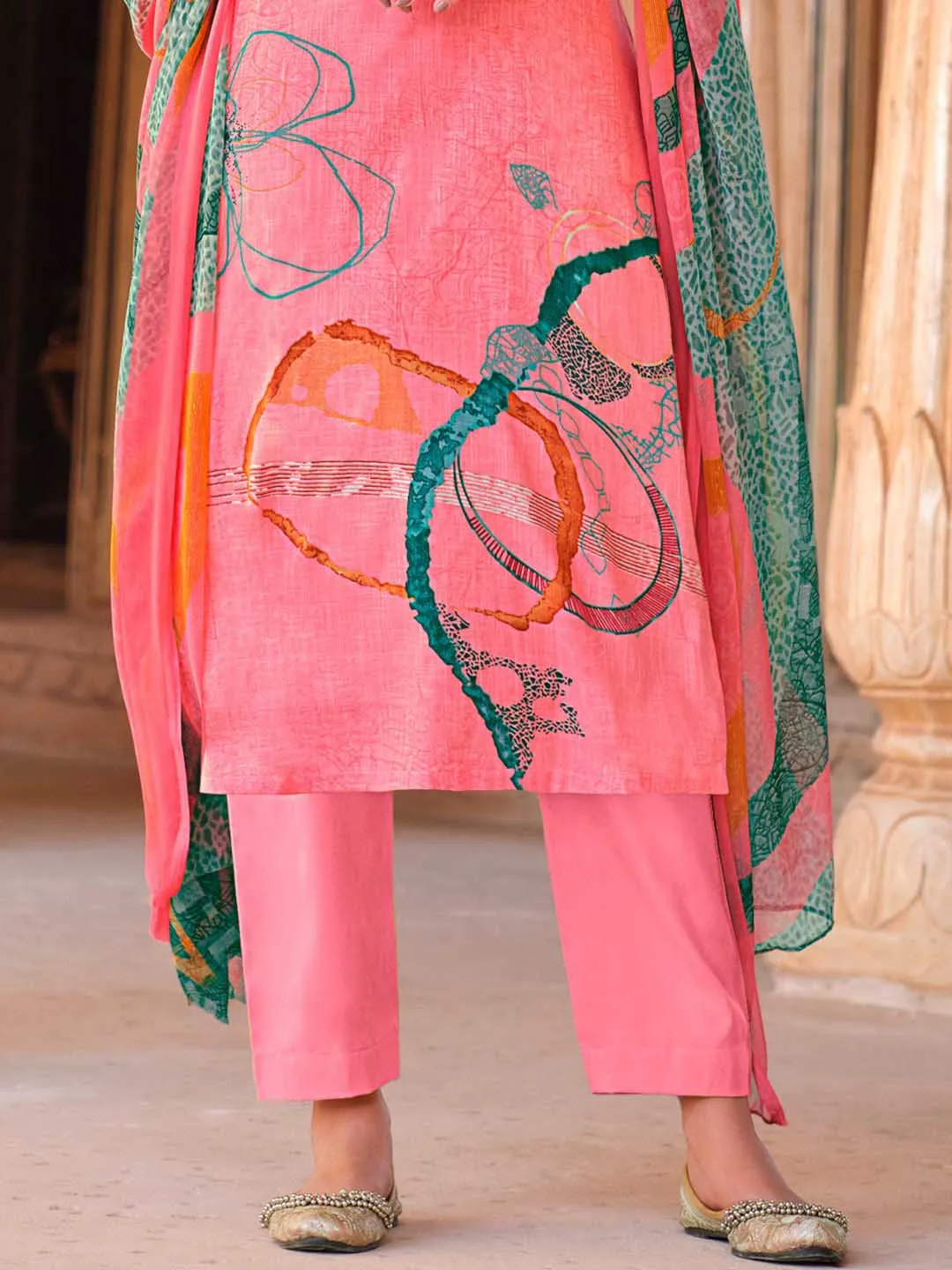 Belliza Cotton Linen Coral Pink Printed Unstitched Women Suit