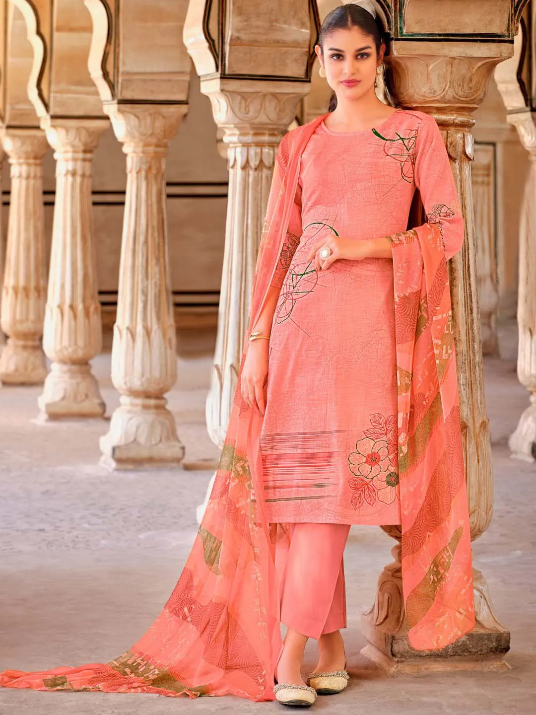 Belliza Cotton Linen Peach Unstitched Women Suit Material