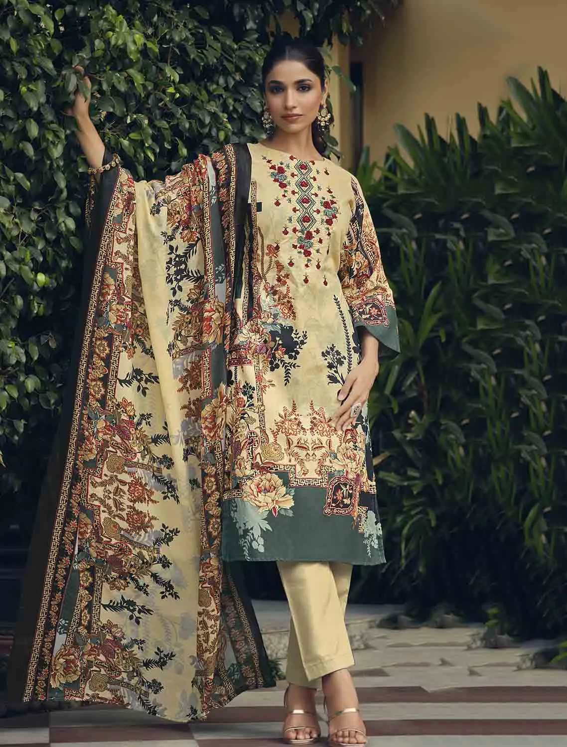 Belliza Pakistani Print Unstitched Cotton Suits with Dupatta Beige