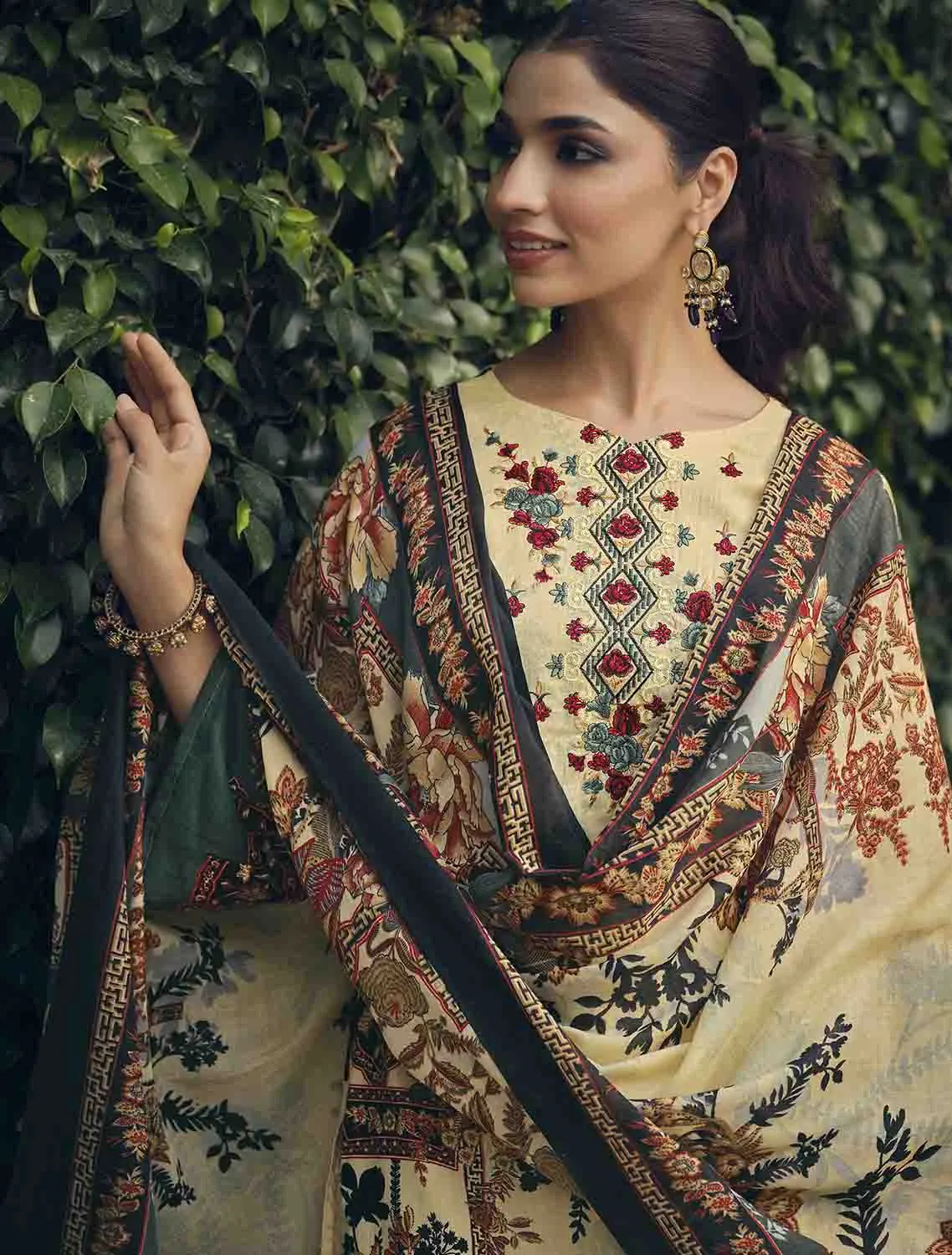 Belliza Pakistani Print Unstitched Cotton Suits with Dupatta Beige