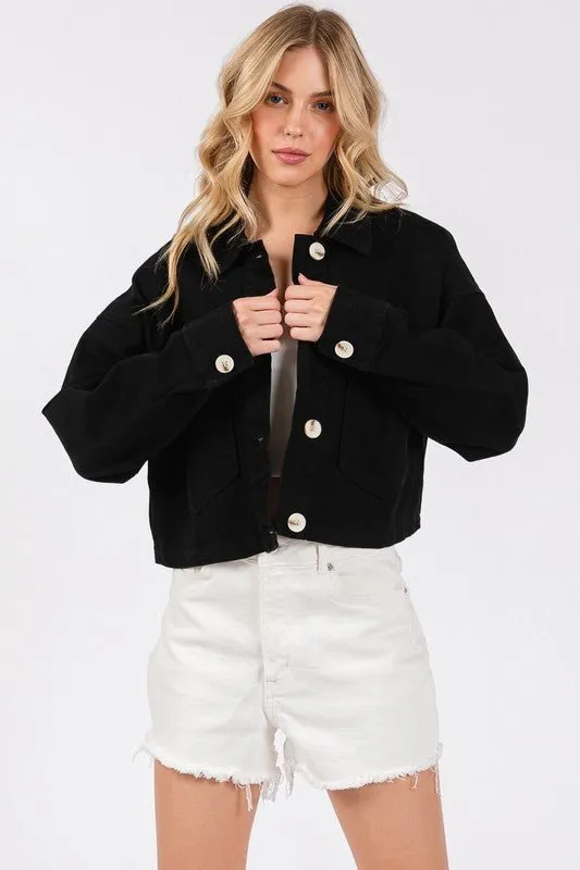 Black Button Down Cropped Denim Jacket