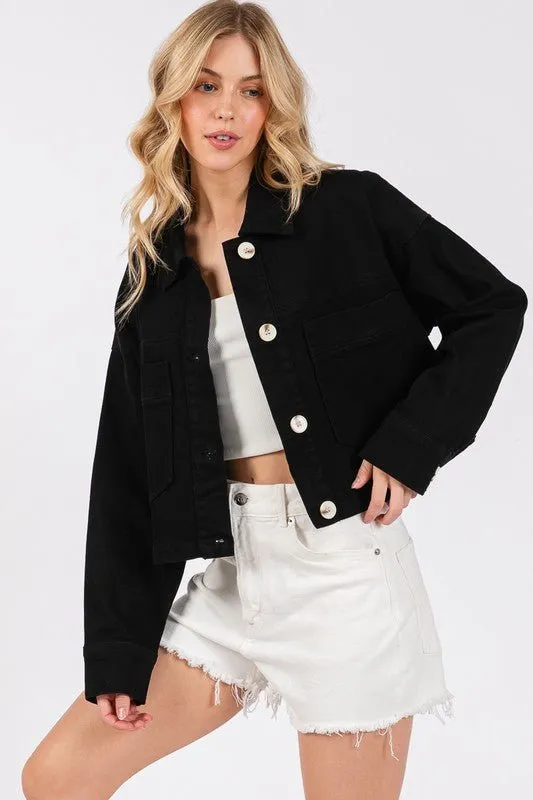 Black Button Down Cropped Denim Jacket