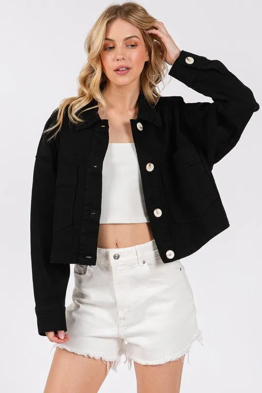 Black Button Down Cropped Denim Jacket