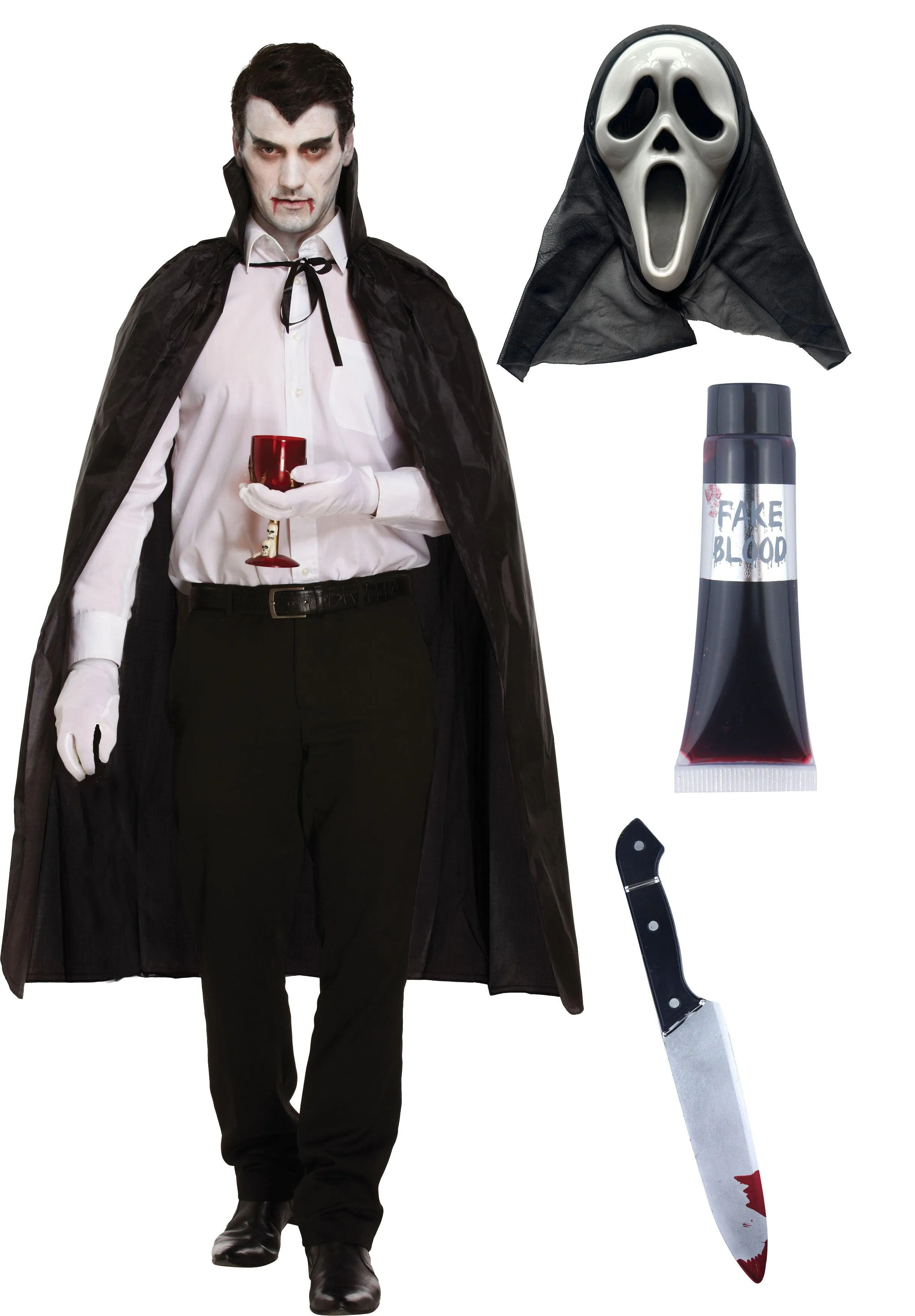 Black Dracula Cape with Collar Scream Ghost Killer Mask Fake Blood Tube Bloody Knife 31 Cm Halloween Scary Dracula Costume