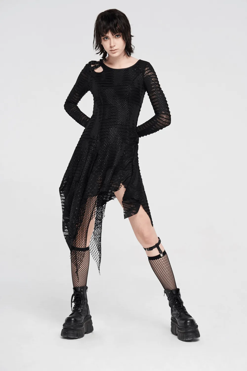 Black Gothic Snake Print Long Sleeve Cutout Dress