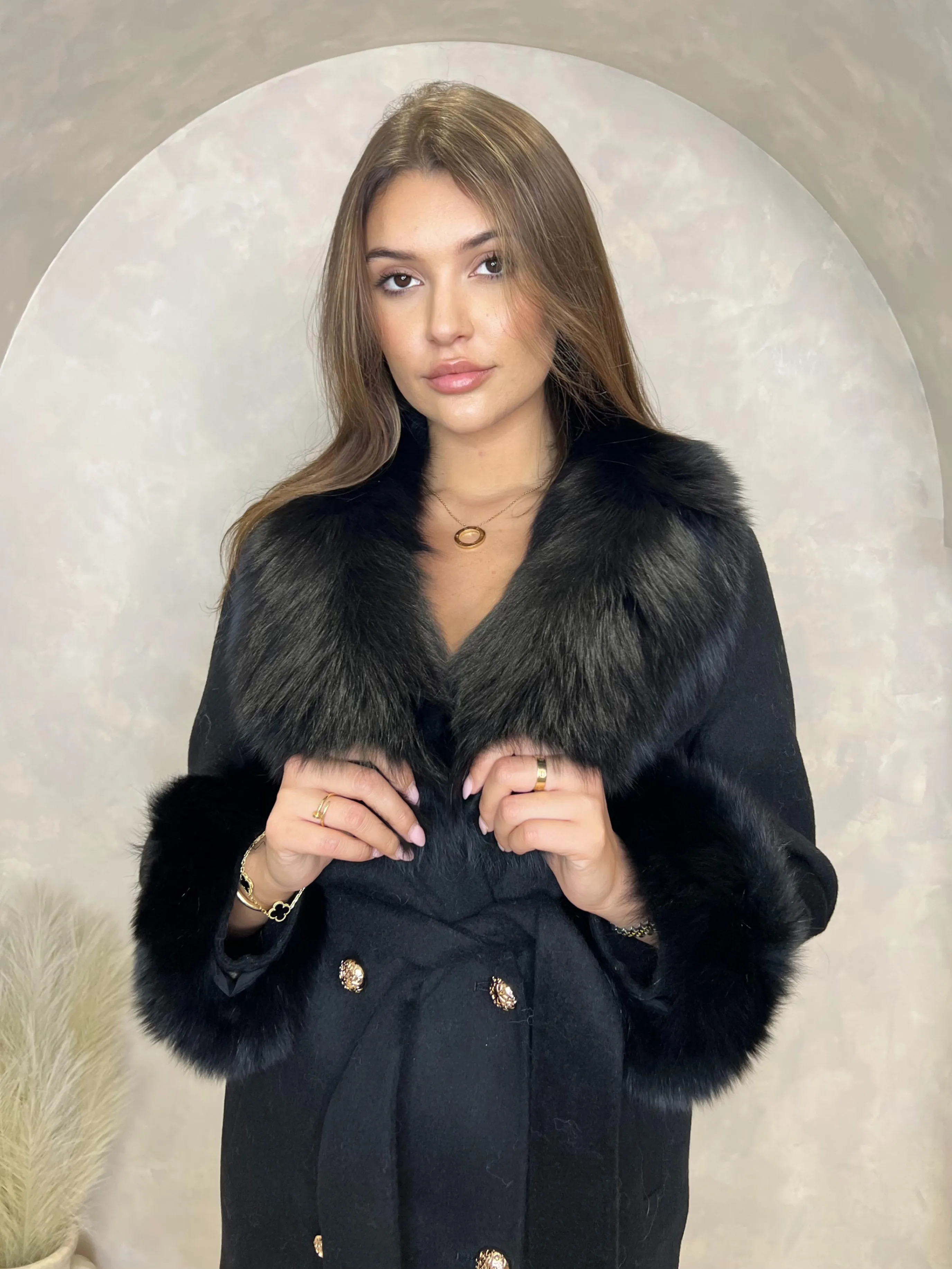 Black Luxury Fur Cashmere Coat